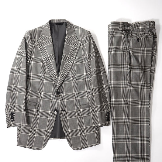 良品 トムフォード TOM FORD ウール カシミヤ ピークド チェック セットアップ スーツ ジャケット パンツ 52 グレー メンズ 正規品 5-SI007