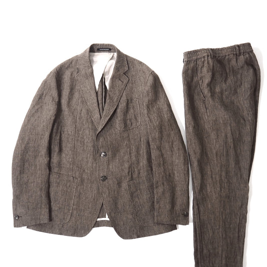 美品 エンポリオアルマーニ EMPORIO ARMANI 2024SS リネン イージー スーツ ウエストゴム ジャケット パンツ 50/48 ブラウン メンズ 正規品 5-ZI020