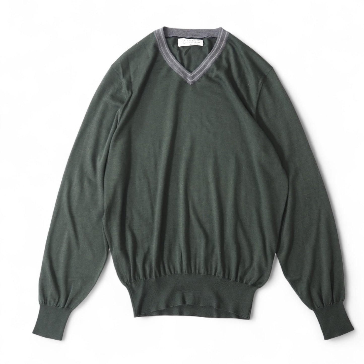 美品 ブルネロクチネリ BRUNELLO CUCINELLI イタリア製 カシミヤ シルク Vネック セーター 50 グリーン メンズ 正規品 2-DI252