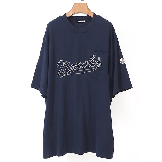 美品 モンクレール MONCLER 22SS ロゴ刺繍 プルオーバー Tシャツ カットソー XXL ネイビー メンズ 正規品 4-YE039