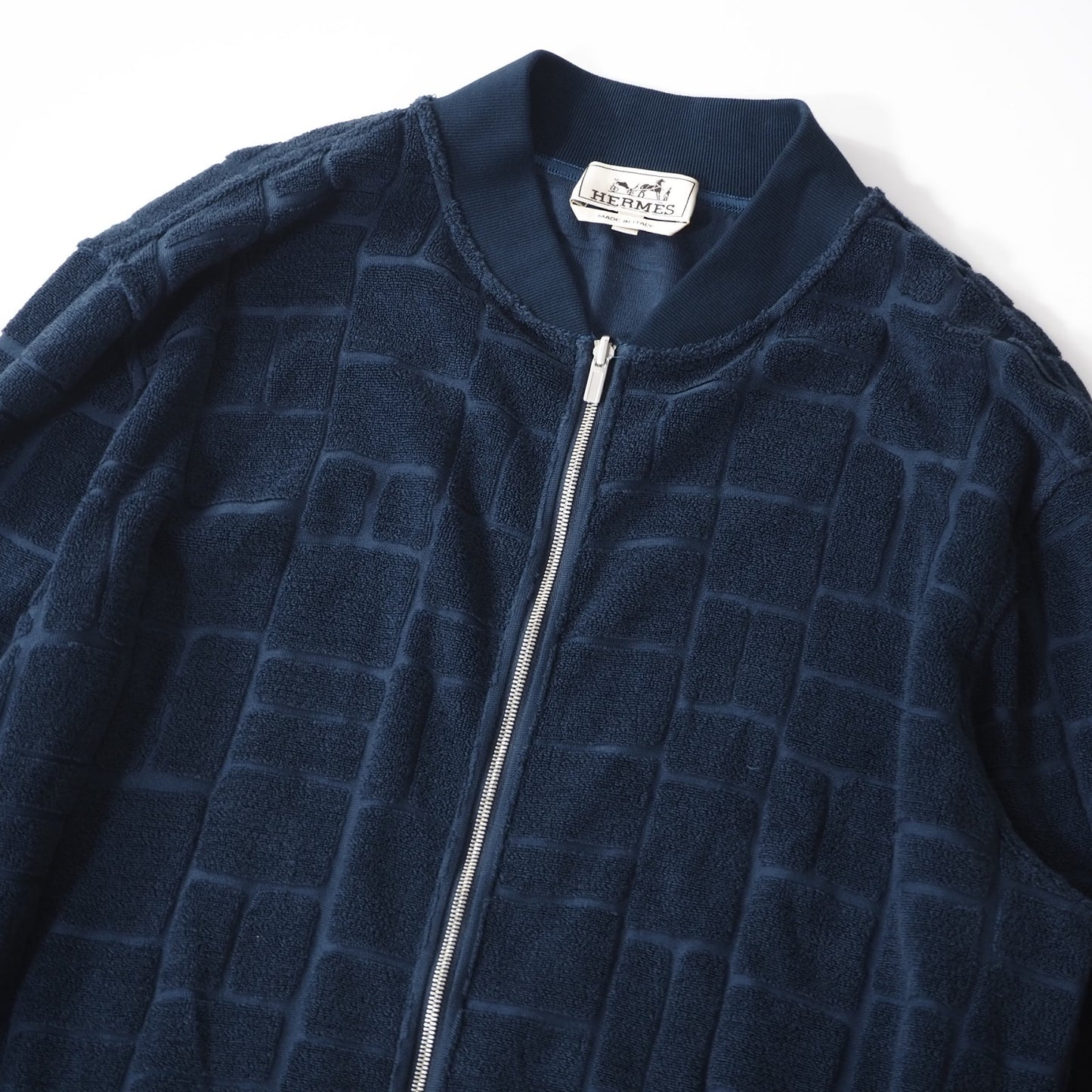 美品 エルメス HERMES イタリア製 19年製 パイル地 ジップアップ ジャケット 春夏 M ネイビー メンズ 正規品 5-DE052