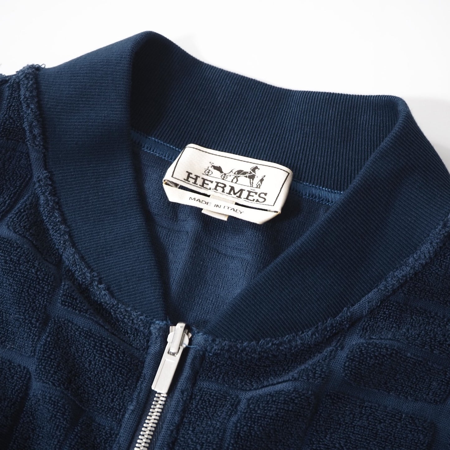 美品 エルメス HERMES イタリア製 19年製 パイル地 ジップアップ ジャケット 春夏 M ネイビー メンズ 正規品 5-DE052
