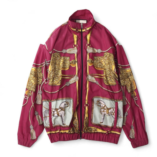 美品 グッチ GUCCI ケリングジャパン ホース タッセル柄 ジップアップ ジャケット ブルゾン S ワインレッド メンズ 正規品 5-DG089