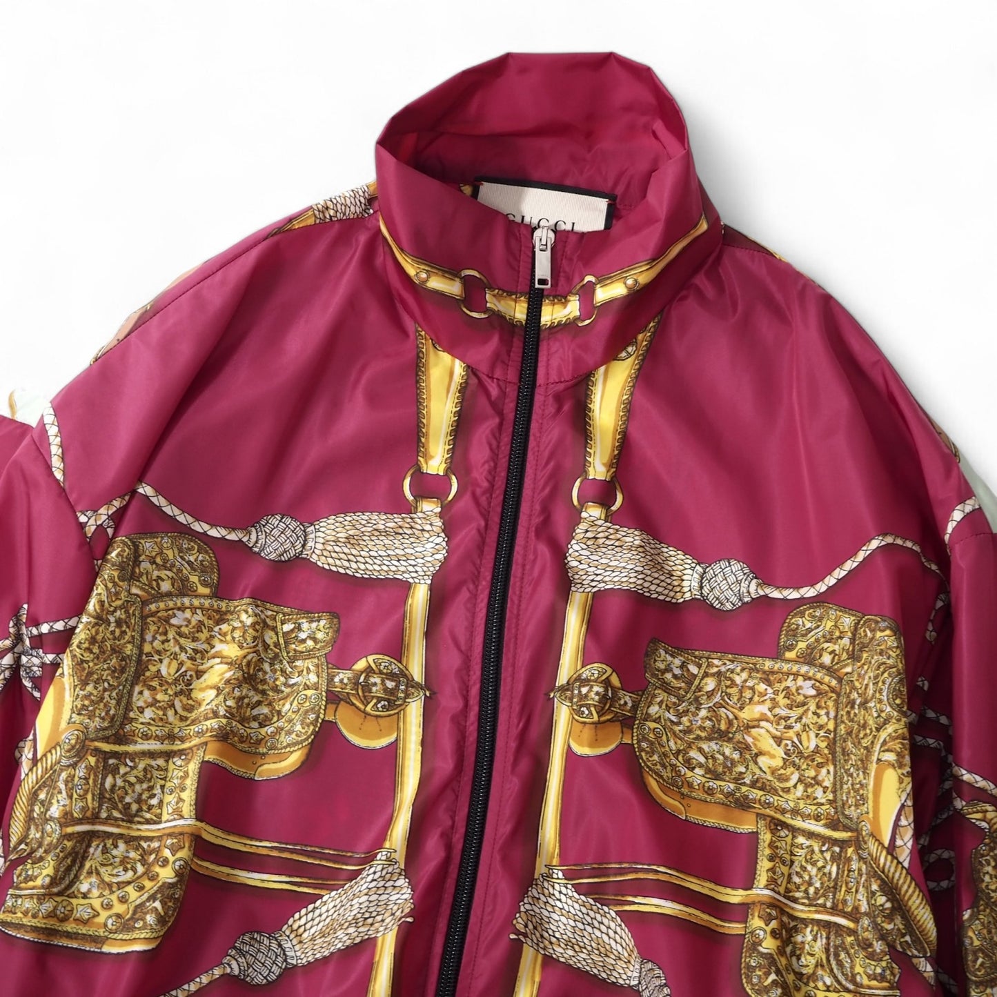 美品 グッチ GUCCI ケリングジャパン ホース タッセル柄 ジップアップ ジャケット ブルゾン S ワインレッド メンズ 正規品 5-DG089