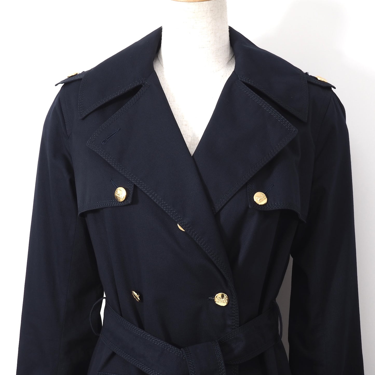 美品 セリーヌ CELINE ヴィンテージ 金ボタン トレンチコート 38 ネイビー レディース 正規品 5-DJ125