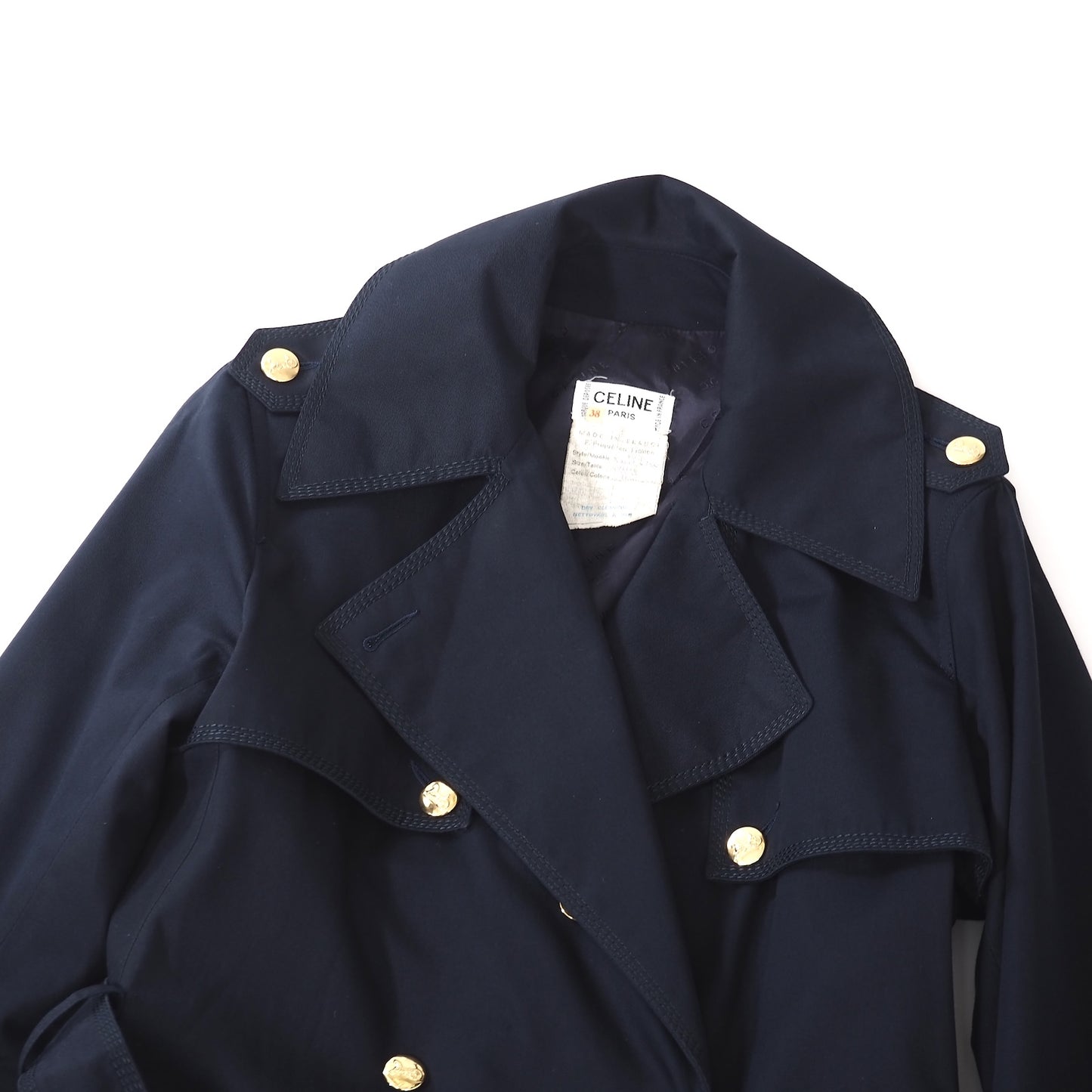 美品 セリーヌ CELINE ヴィンテージ 金ボタン トレンチコート 38 ネイビー レディース 正規品 5-DJ125