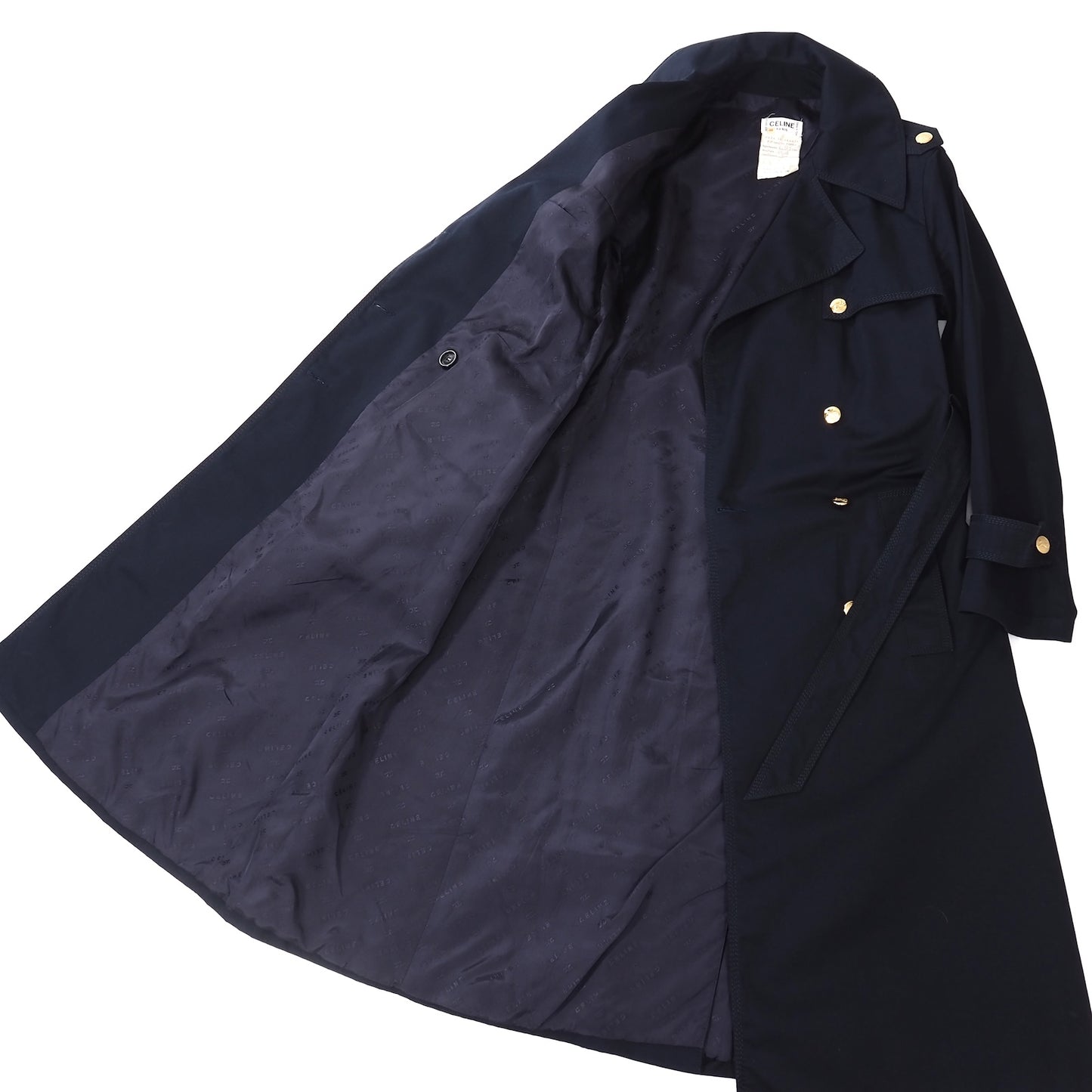 美品 セリーヌ CELINE ヴィンテージ 金ボタン トレンチコート 38 ネイビー レディース 正規品 5-DJ125