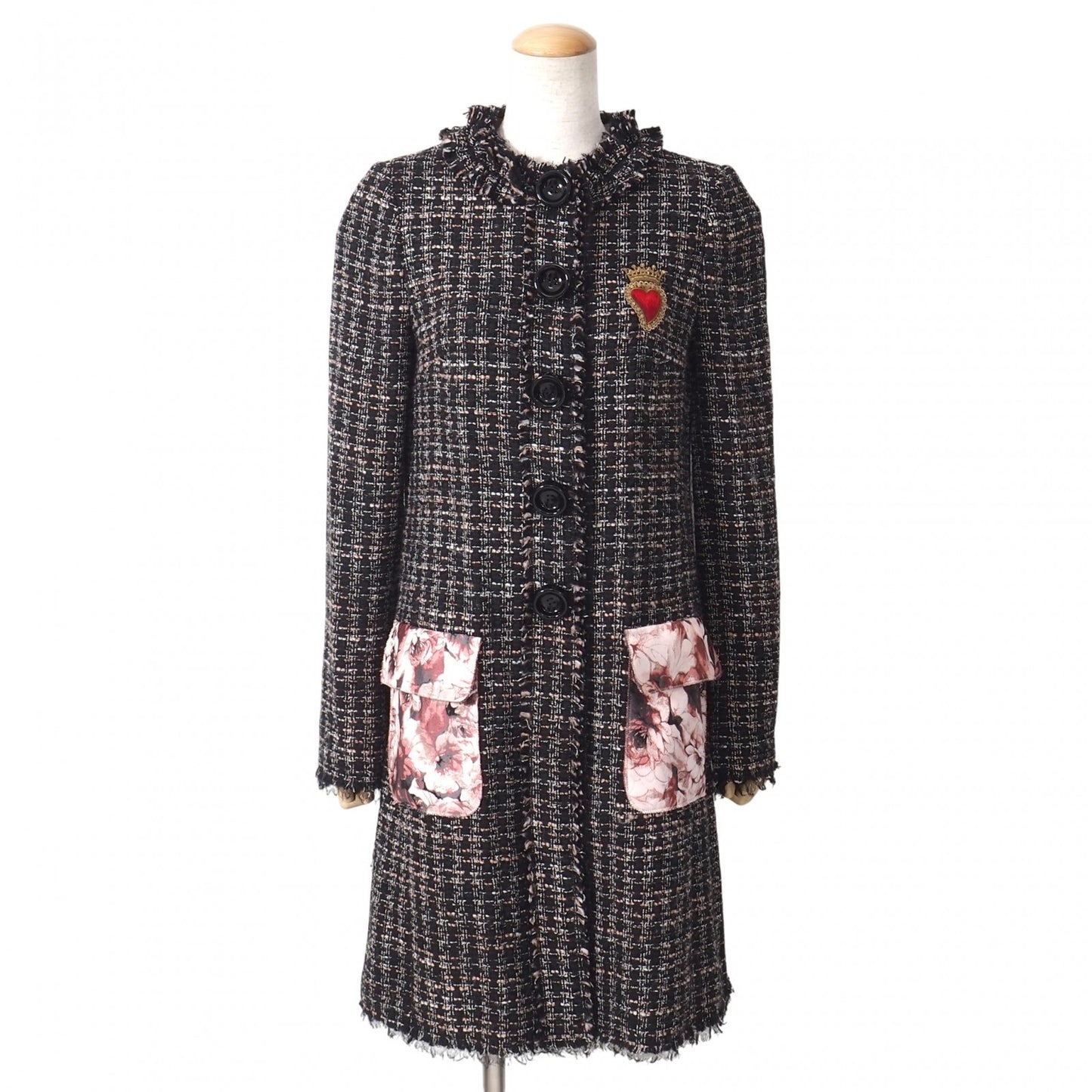 美品 ドルチェ&ガッバーナ DOLCE&GABBANA ツイード コート 38 ブラック ピンク 花柄 レディース 正規品 5-DJ137