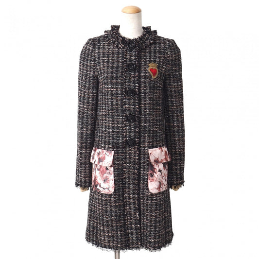 美品 ドルチェ&ガッバーナ DOLCE&GABBANA ツイード コート 38 ブラック ピンク 花柄 レディース 正規品 5-DJ137