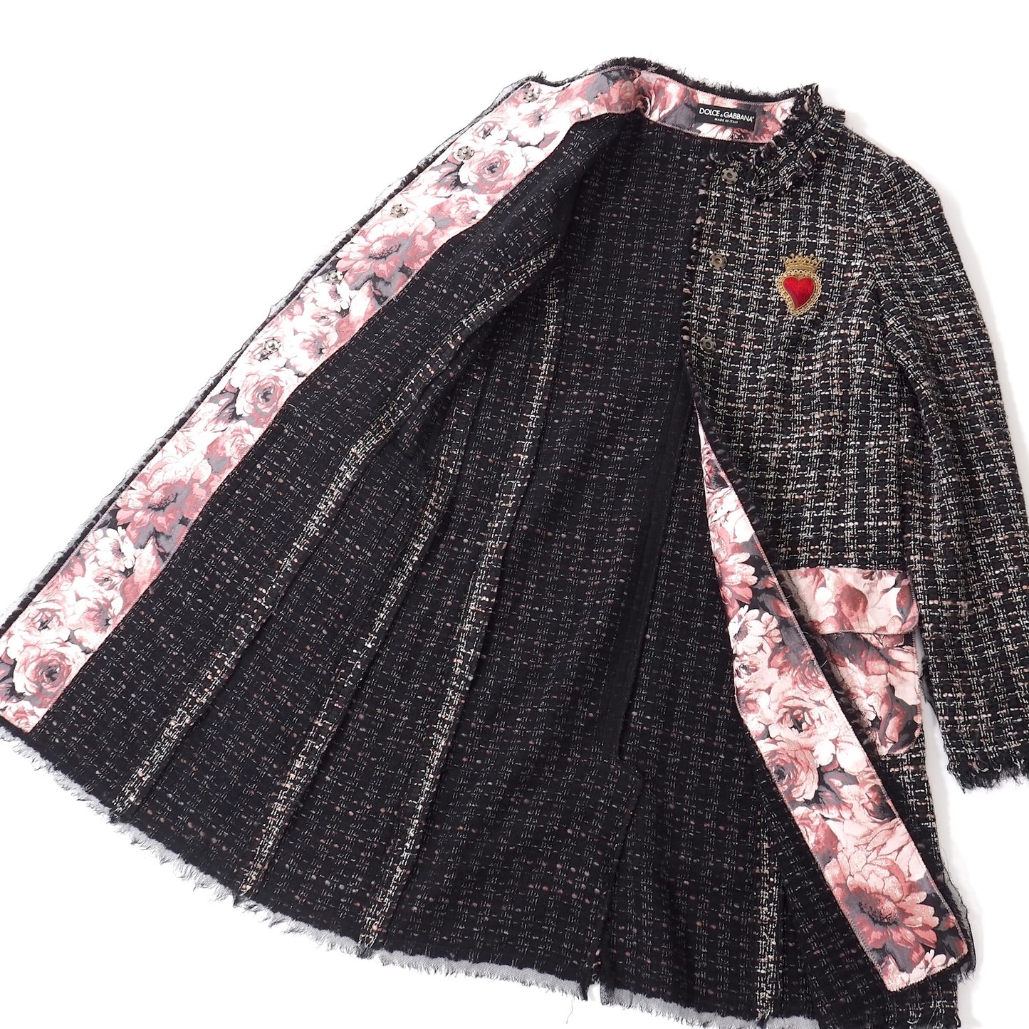 美品 ドルチェ&ガッバーナ DOLCE&GABBANA ツイード コート 38 ブラック ピンク 花柄 レディース 正規品 5-DJ137