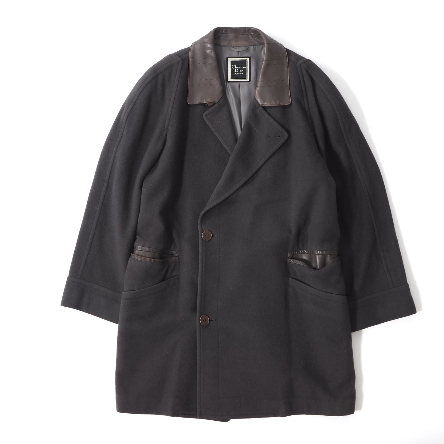 クリスチャンディオール Christian Dior Monsieur ヴィンテージ ウール ミンク レザーディテール コート M ダークグリーン メンズ 正規品 5-DL199