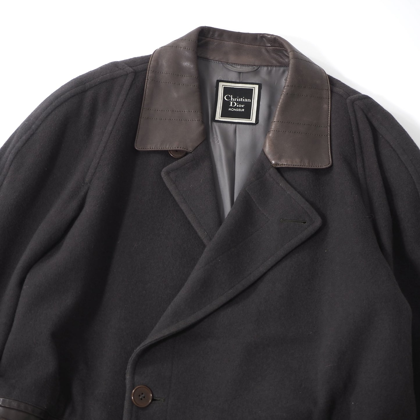 クリスチャンディオール Christian Dior Monsieur ヴィンテージ ウール ミンク レザーディテール コート M ダークグリーン メンズ 正規品 5-DL199