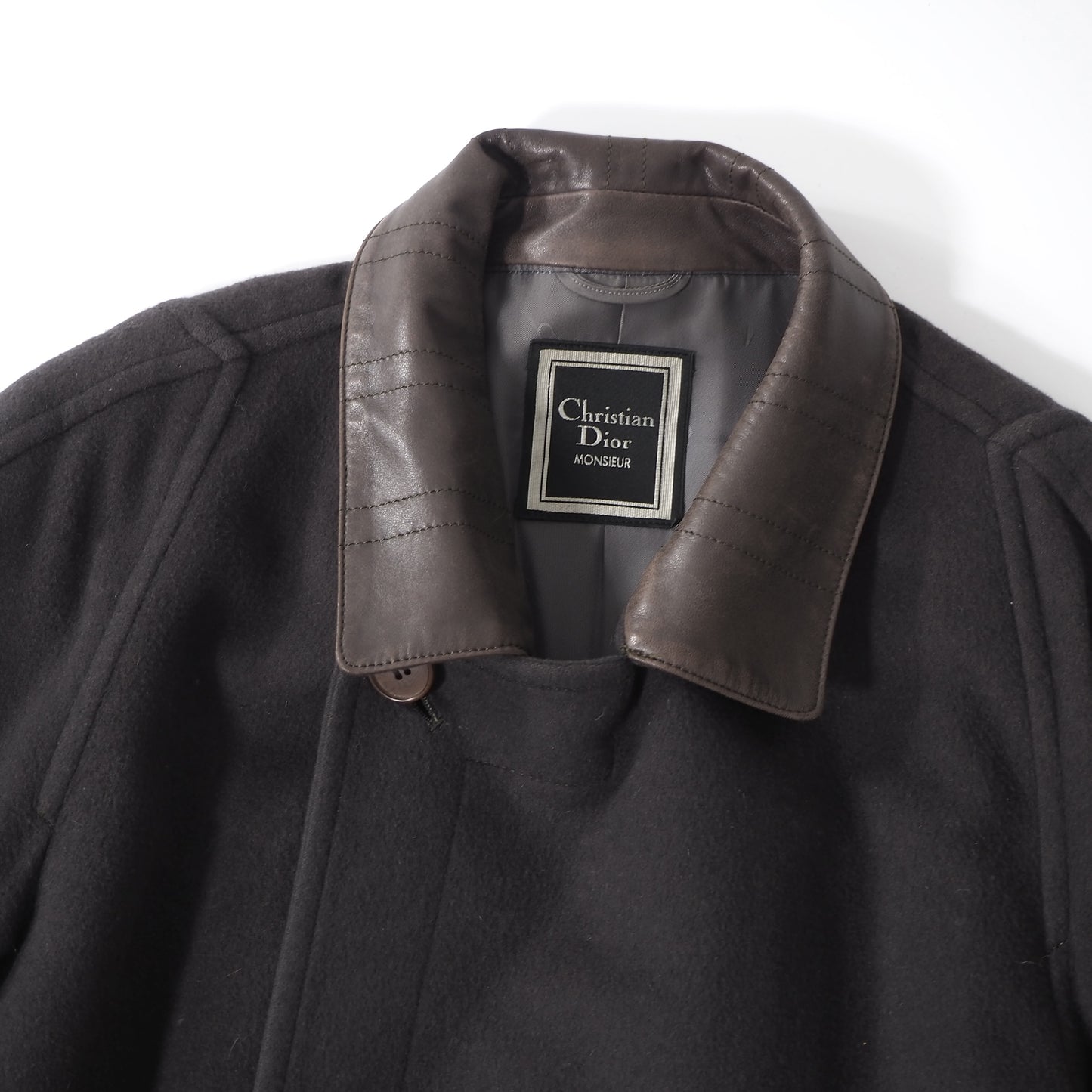 クリスチャンディオール Christian Dior Monsieur ヴィンテージ ウール ミンク レザーディテール コート M ダークグリーン メンズ 正規品 5-DL199