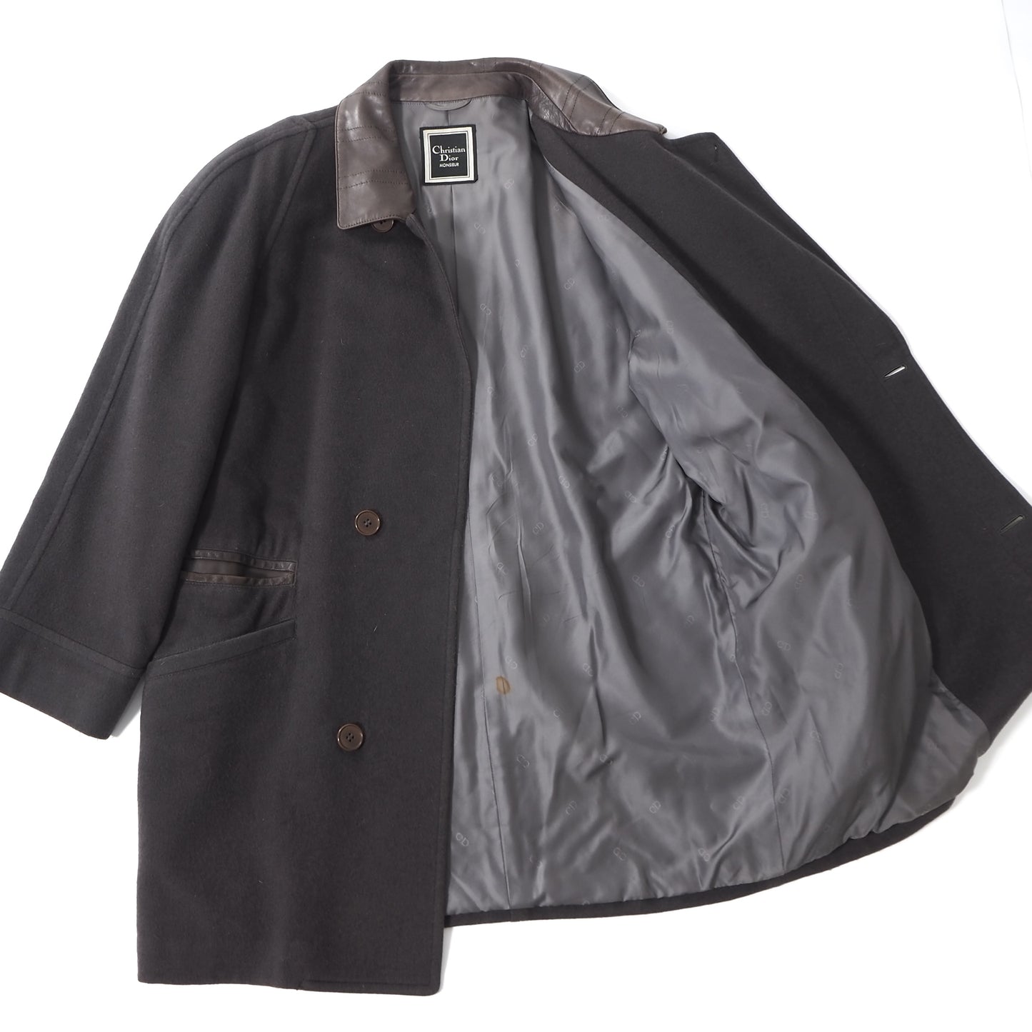 クリスチャンディオール Christian Dior Monsieur ヴィンテージ ウール ミンク レザーディテール コート M ダークグリーン メンズ 正規品 5-DL199
