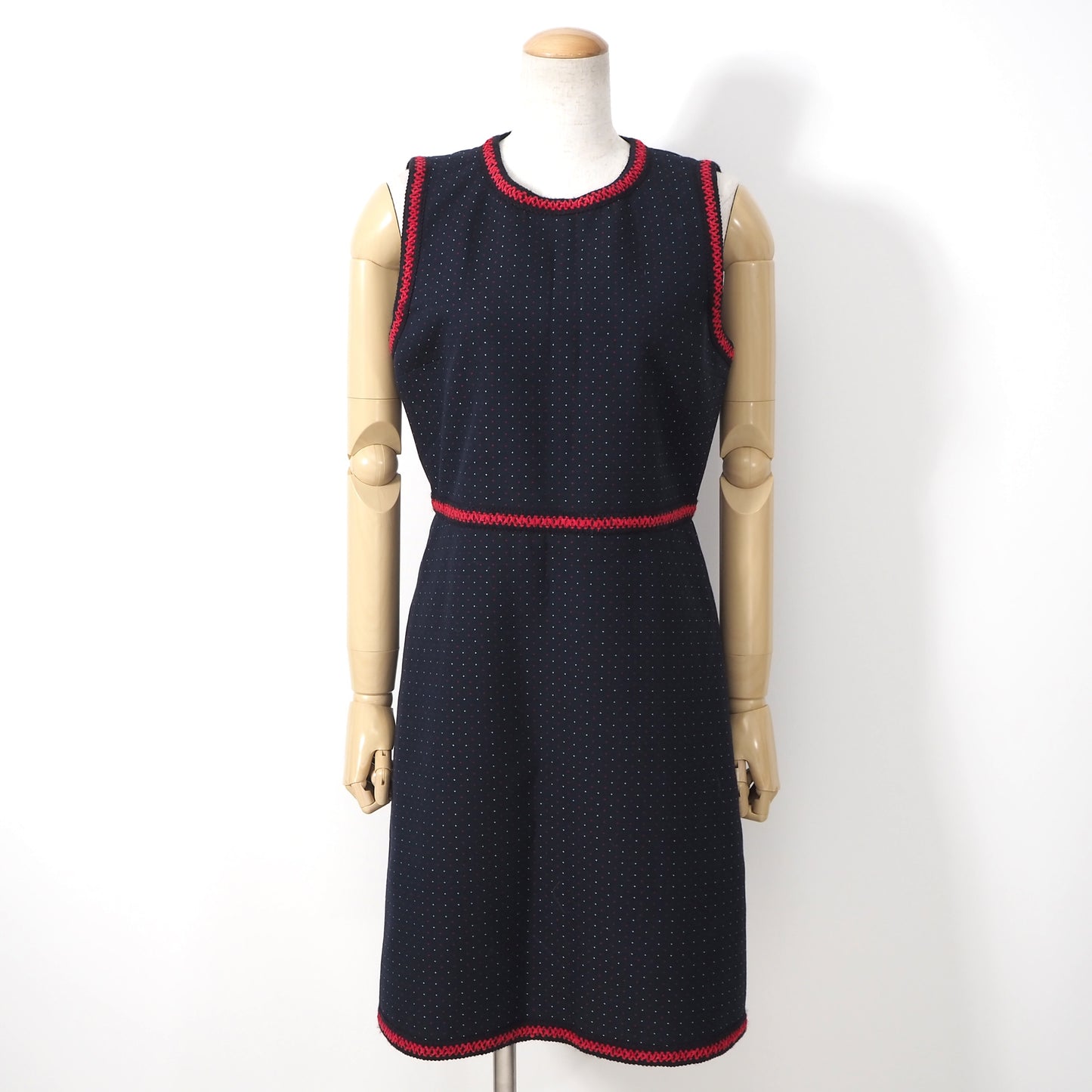 良品 グッチ GUCCI ノースリーブ ワンピース 42 ネイビー ドット柄 レディース 正規品 5-DL200