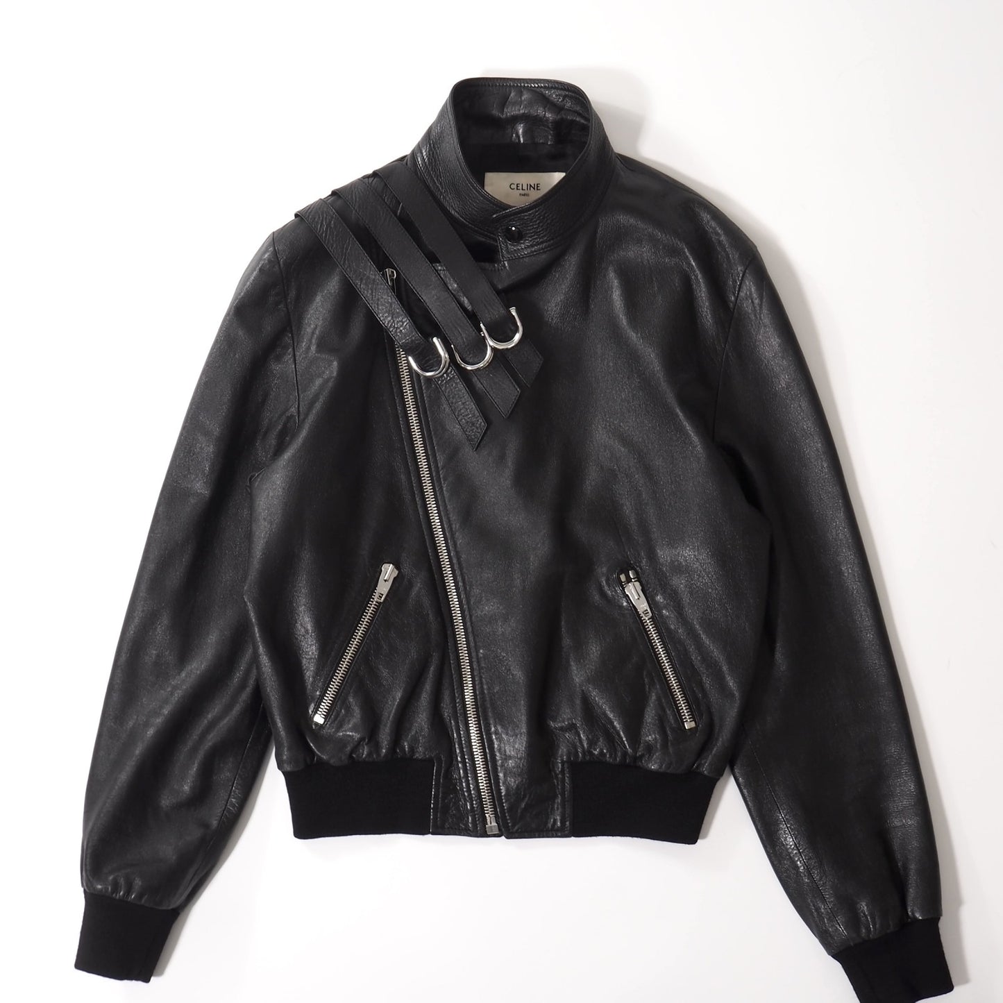 美品 セリーヌ CELINE 19SS エディ期 ラムレザー ライダース ジャケット 50 ブラック メンズ 正規品 5-KK011