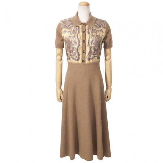 良品 エトロ ETRO 23年製 シルク切替 半袖 ニット ワンピース マキシ丈 40 ペイズリー ブラウン レディース 正規品 5-KK003