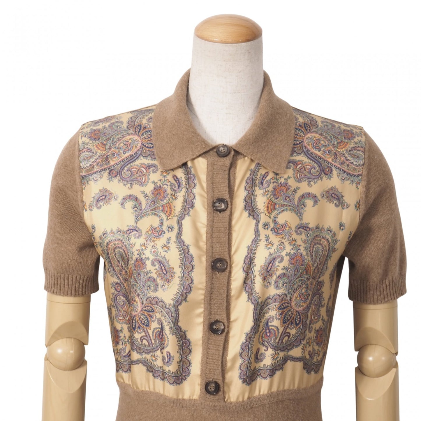 良品 エトロ ETRO 23年製 シルク切替 半袖 ニット ワンピース マキシ丈 40 ペイズリー ブラウン レディース 正規品 5-KK003