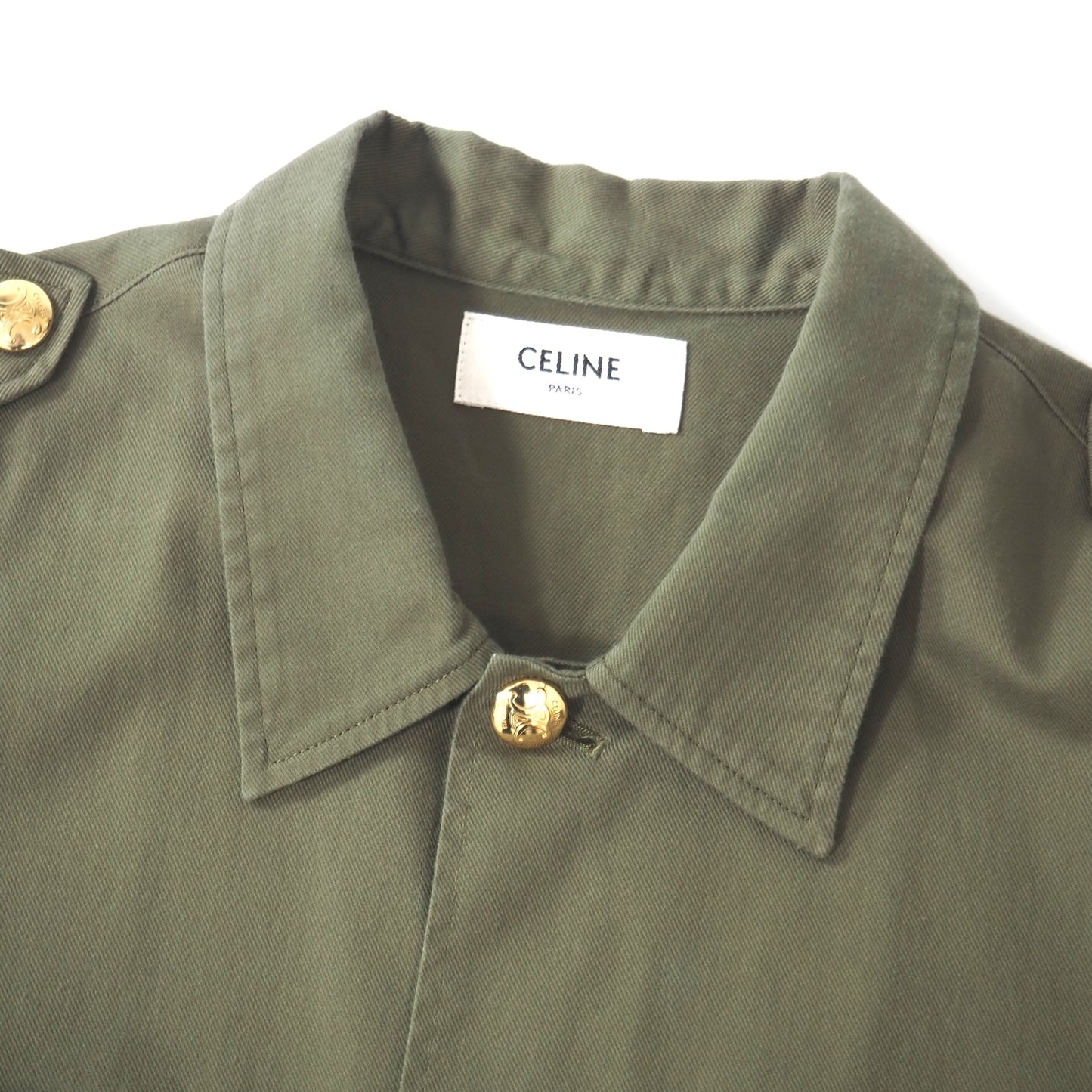 良品 セリーヌ CELINE エディ期 トリンオフボタン ミリタリー シャツ 38 カーキ レディース 正規品 5-KK005