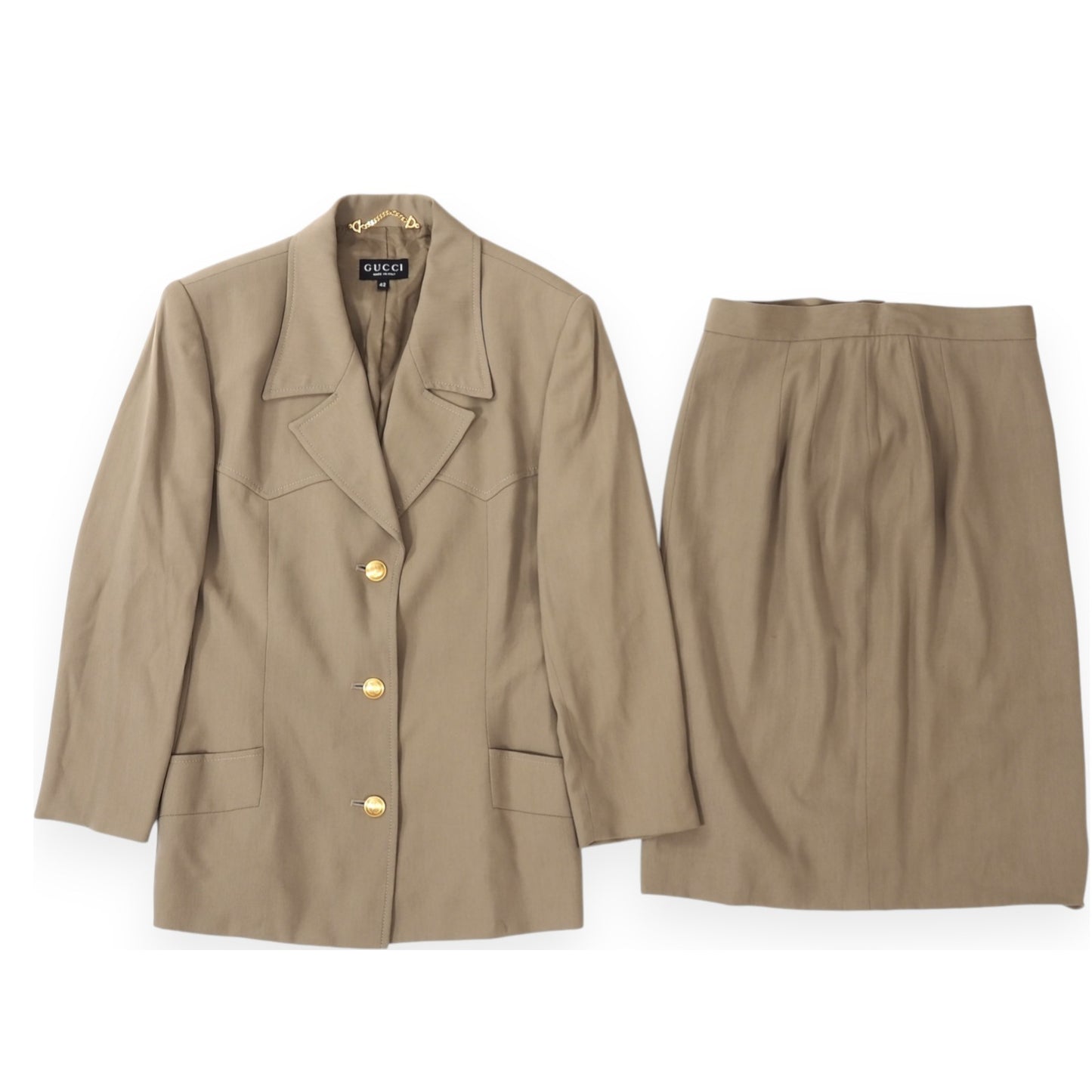 良品 グッチ GUCCI ヴィンテージ 金GGボタン セットアップ ジャケット スカート スーツ 42 ベージュ レディース 正規品 5-OG002