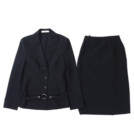プラダ PRADA レザーベルト付 セットアップ ジャケット スカート スーツ 42 ブラック レディース 正規品 5-OG018