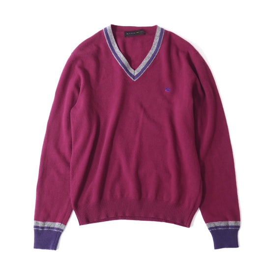 良品 エトロ ETRO ウール Vネック セーター ニット M パープル系 メンズ 正規品 5-OG023