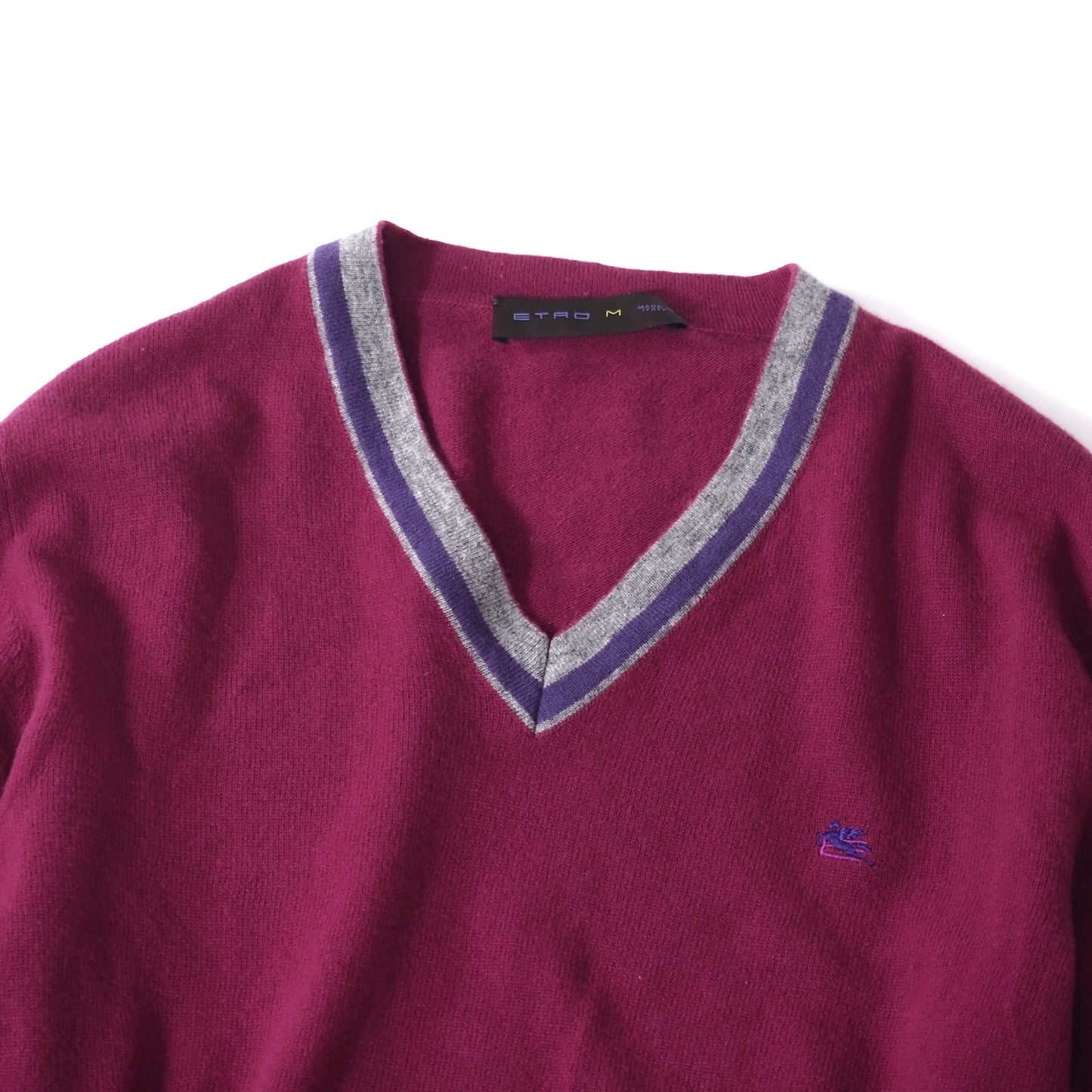良品 エトロ ETRO ウール Vネック セーター ニット M パープル系 メンズ 正規品 5-OG023