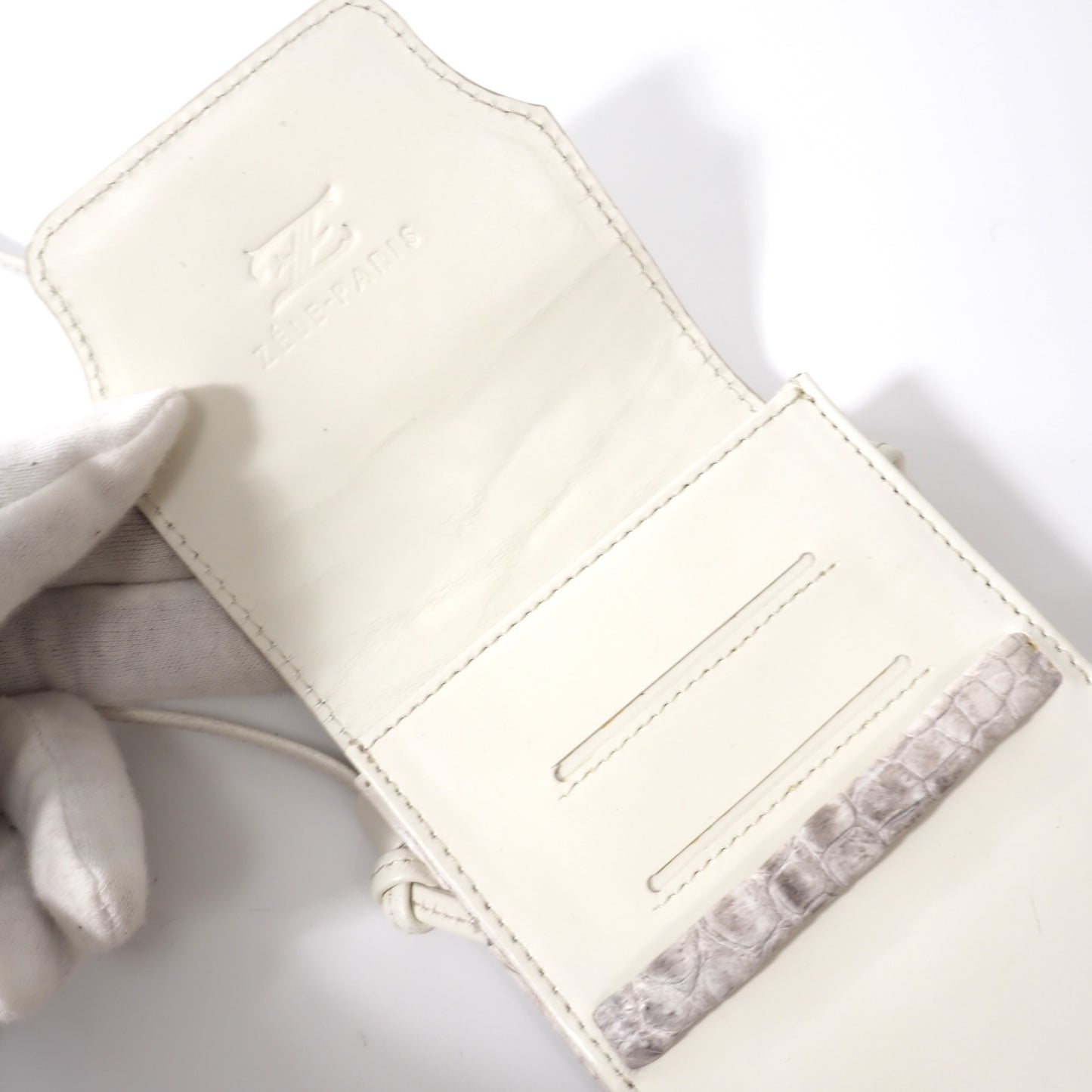 良品 ゼルパリ ZELE PARIS クロコダイル切替 レザー ミニショルダーバッグ スマホケース ホワイト メンズ 正規品 5-OI004