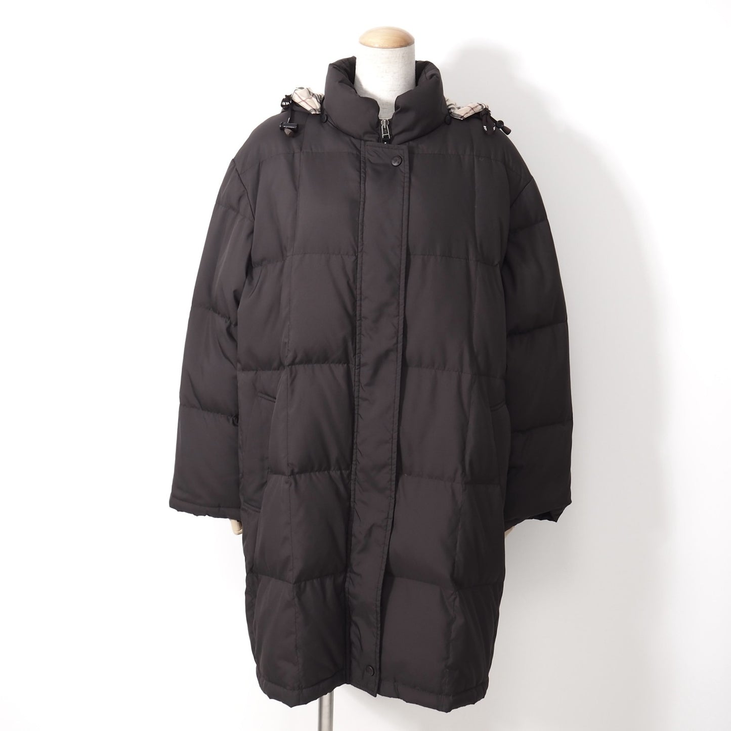美品 バーバリー BURBERRY LONDON フード付き ダウンコート 裏地チェック ダークブラウン 13 レディース 正規品 5-OJ002