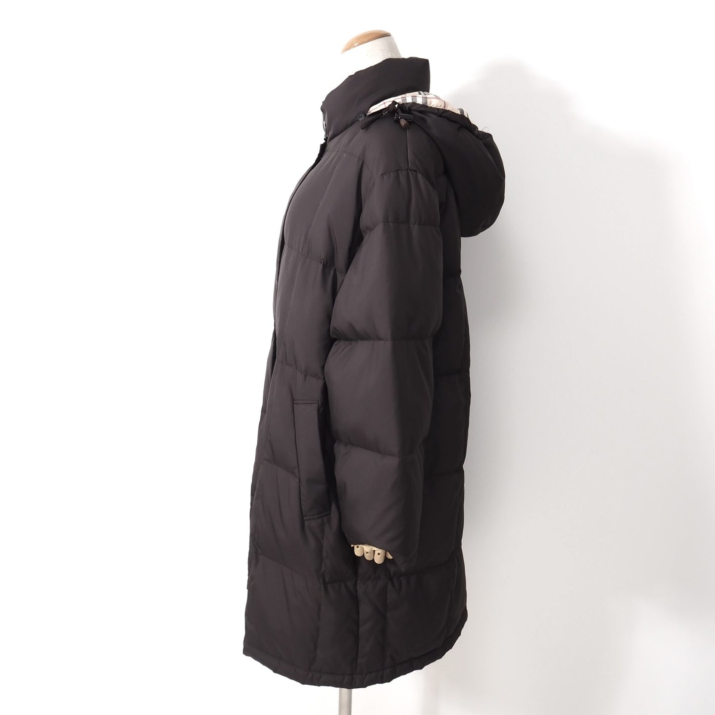 美品 バーバリー BURBERRY LONDON フード付き ダウンコート 裏地チェック ダークブラウン 13 レディース 正規品 5-OJ002