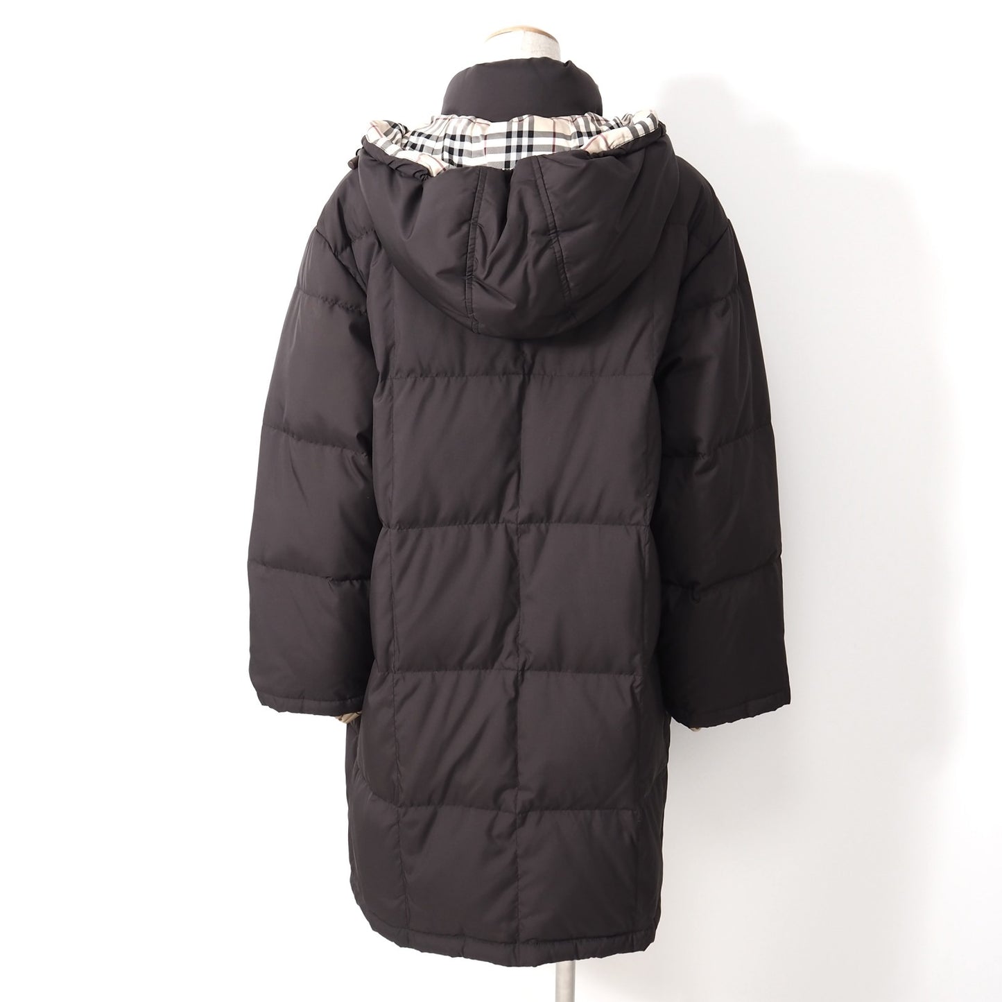 美品 バーバリー BURBERRY LONDON フード付き ダウンコート 裏地チェック ダークブラウン 13 レディース 正規品 5-OJ002