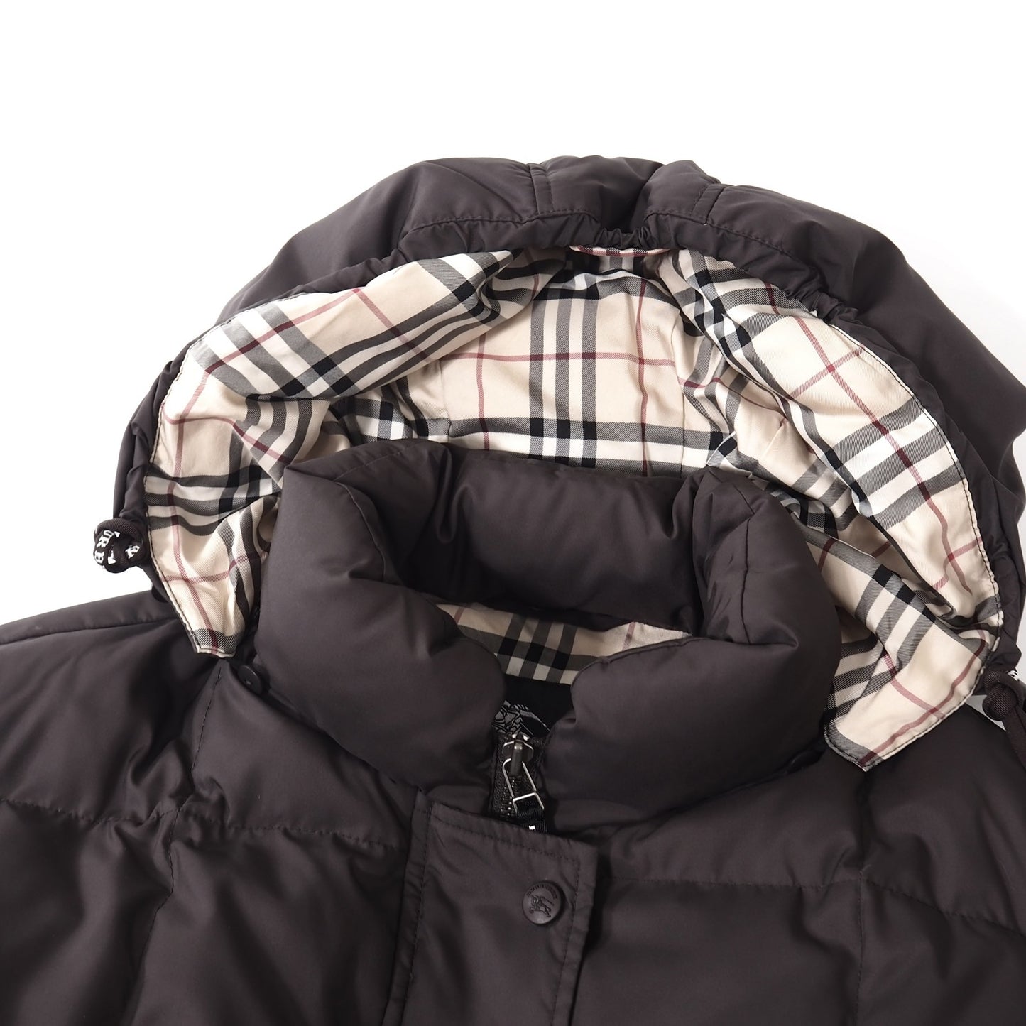 美品 バーバリー BURBERRY LONDON フード付き ダウンコート 裏地チェック ダークブラウン 13 レディース 正規品 5-OJ002