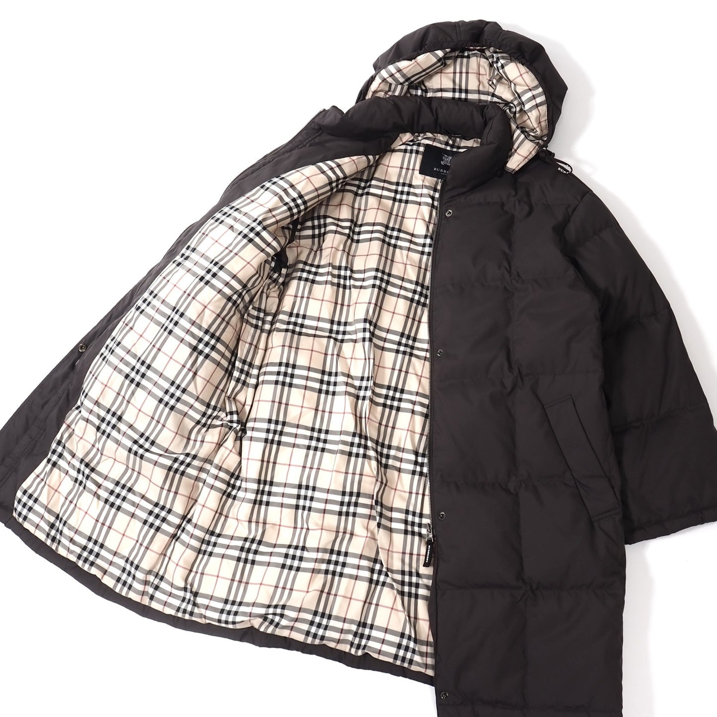 美品 バーバリー BURBERRY LONDON フード付き ダウンコート 裏地チェック ダークブラウン 13 レディース 正規品 5-OJ002