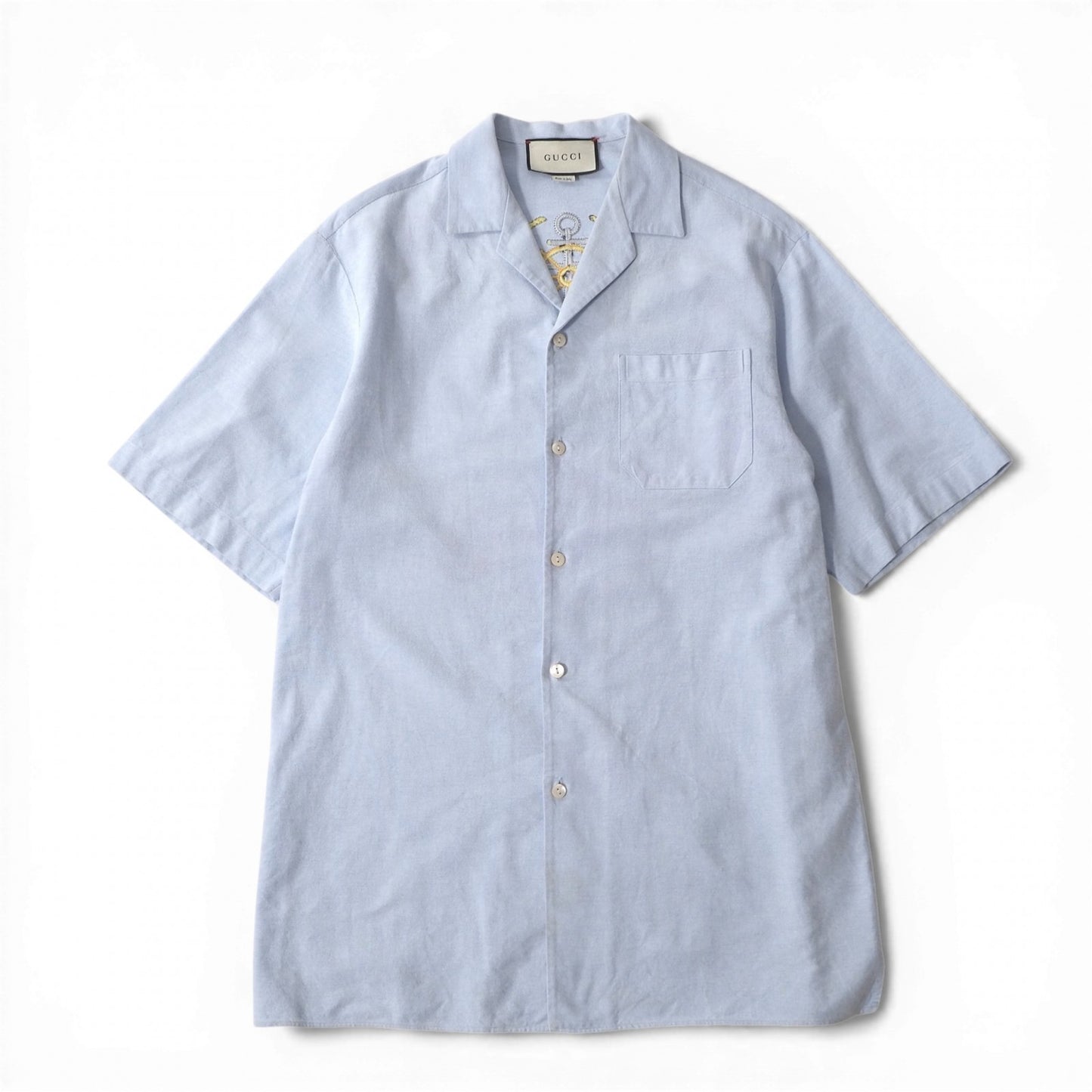 グッチ GUCCI エンブロイダリー オープンカラー シャツ 44 ライトブルー メンズ 正規品 5-OJ010