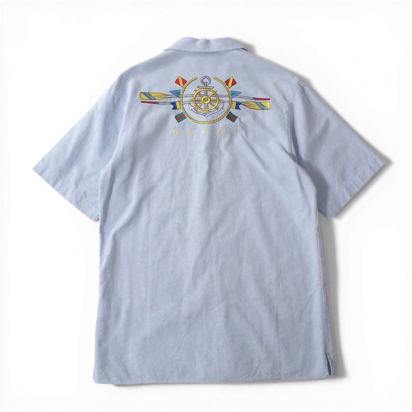 グッチ GUCCI エンブロイダリー オープンカラー シャツ 44 ライトブルー メンズ 正規品 5-OJ010