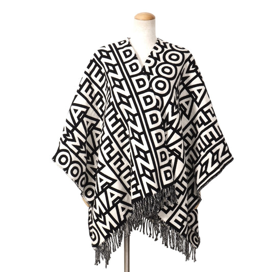 美品 フェンディ×マークジェイコブス FENDI Marc Jacobs 23年製 ウール 総柄 ポンチョ フリー ブラック ホワイト レディース 正規品 5-OK002