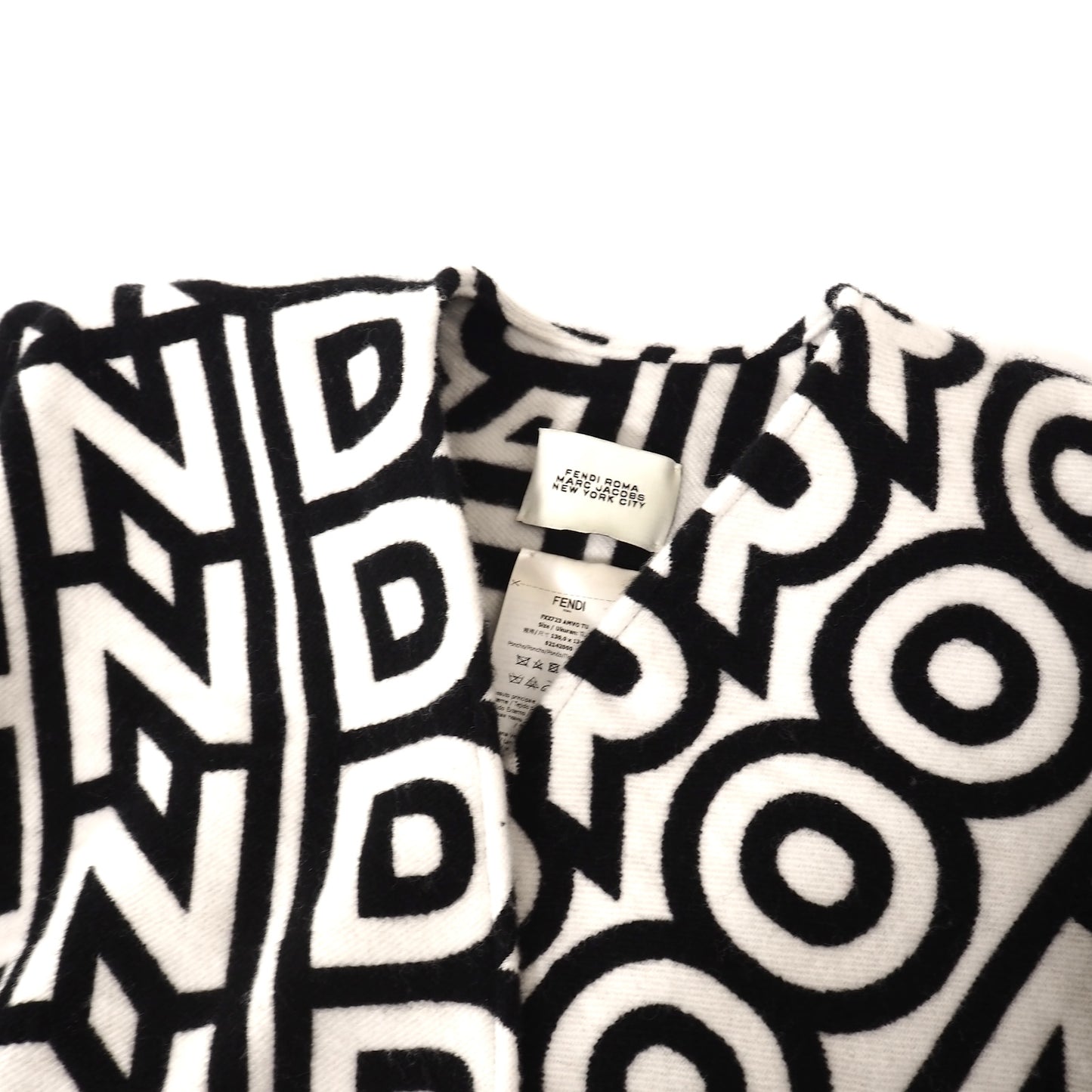 美品 フェンディ×マークジェイコブス FENDI Marc Jacobs 23年製 ウール 総柄 ポンチョ フリー ブラック ホワイト レディース 正規品 5-OK002