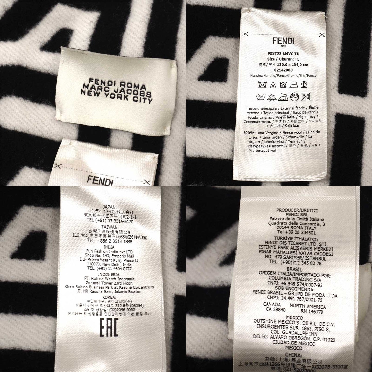 美品 フェンディ×マークジェイコブス FENDI Marc Jacobs 23年製 ウール 総柄 ポンチョ フリー ブラック ホワイト レディース 正規品 5-OK002