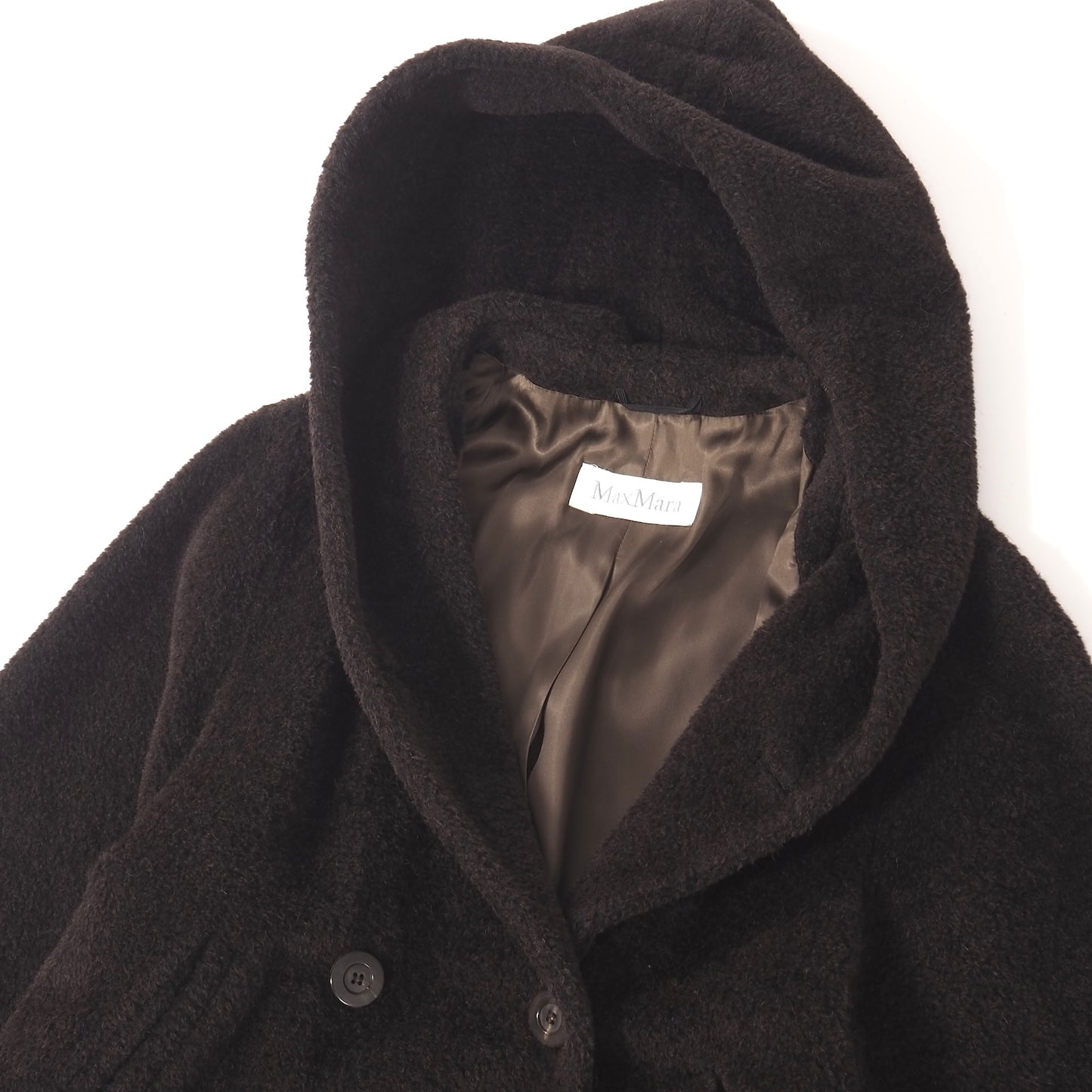 美品 マックスマーラ Max Mara イタリア製 アルパカ ヴァージンウール ダブルブレスト フーデッド コート 42 ダークブラウン レディース 正規品 5-OL001