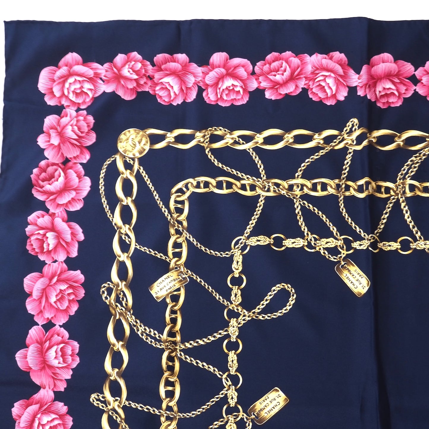 シャネル CHANEL シルク チェーン 花柄 大判 スカーフ ネイビー レディース 正規品 5-SI004