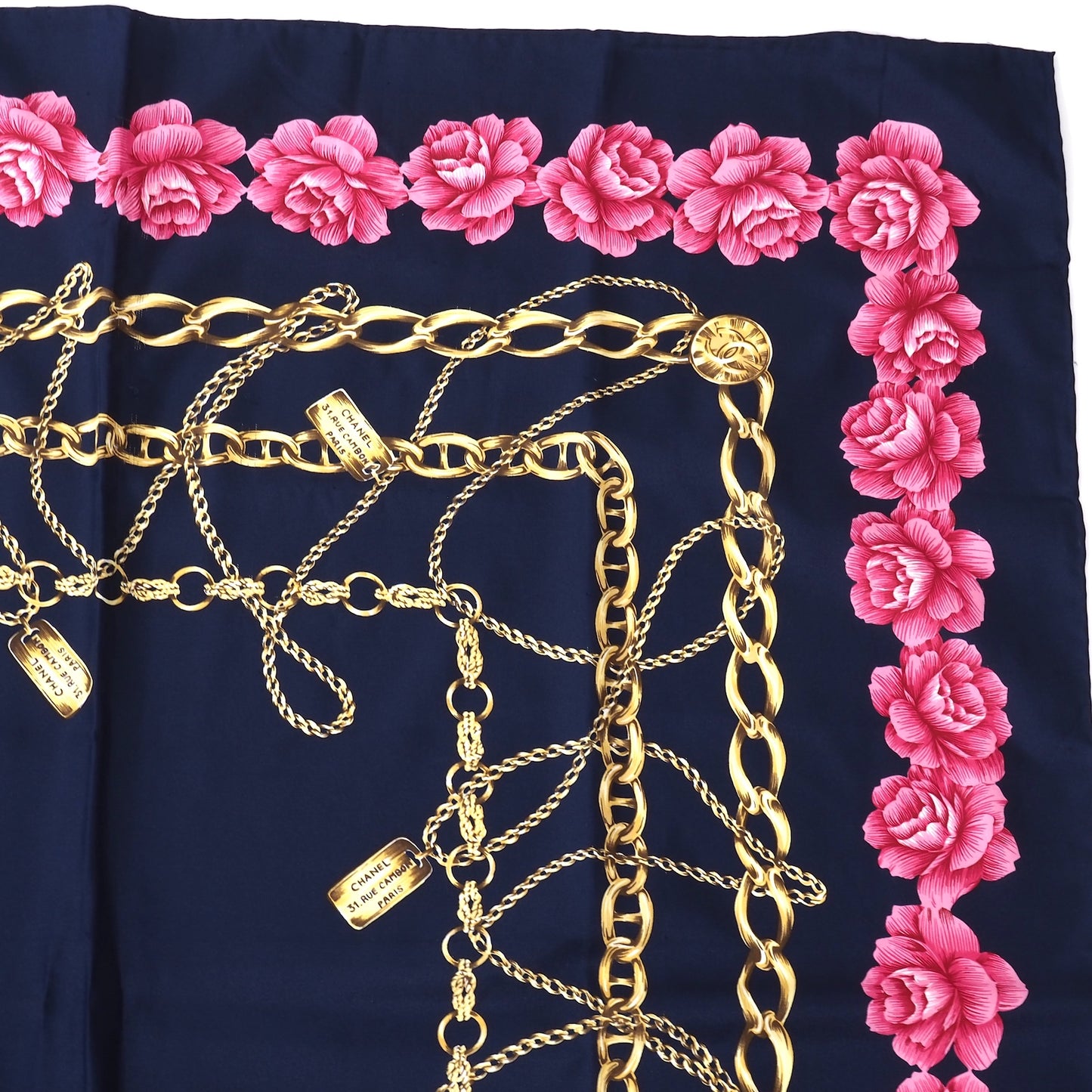 シャネル CHANEL シルク チェーン 花柄 大判 スカーフ ネイビー レディース 正規品 5-SI004