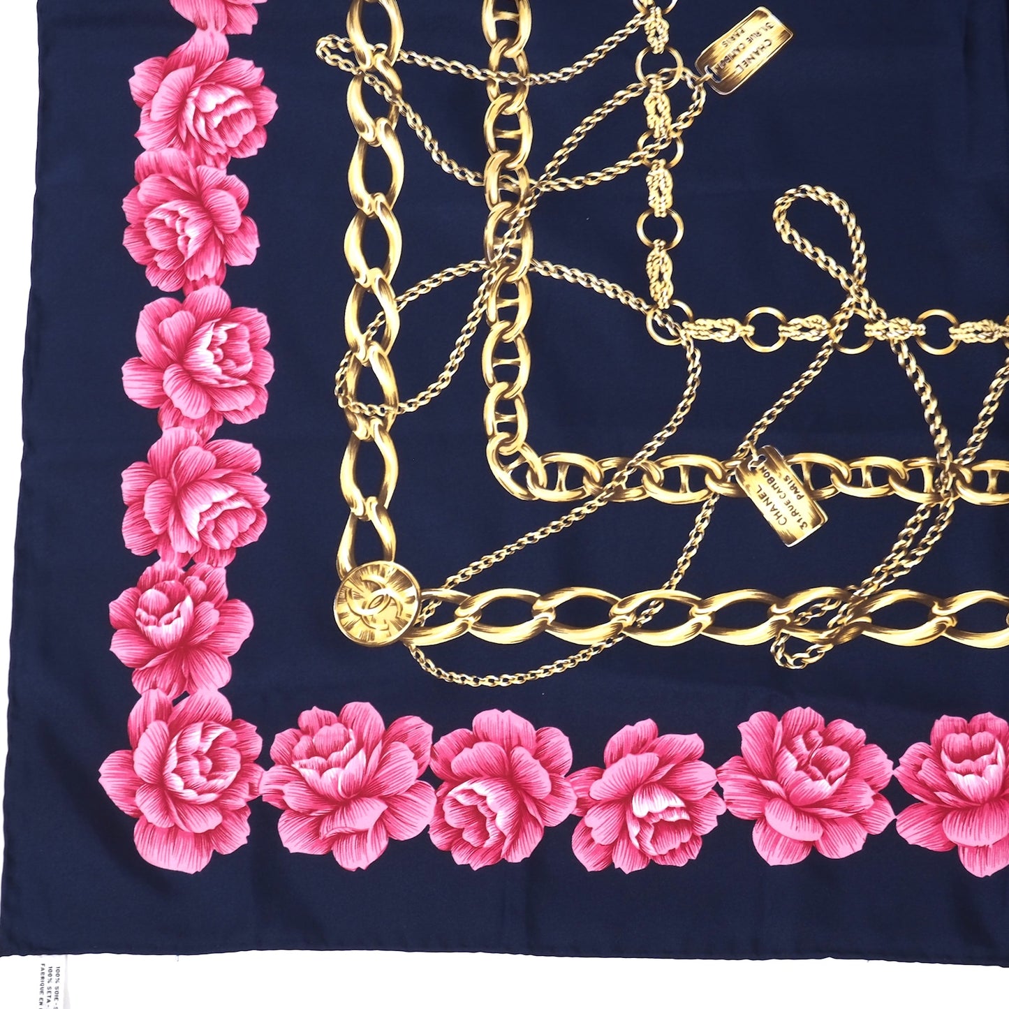 シャネル CHANEL シルク チェーン 花柄 大判 スカーフ ネイビー レディース 正規品 5-SI004