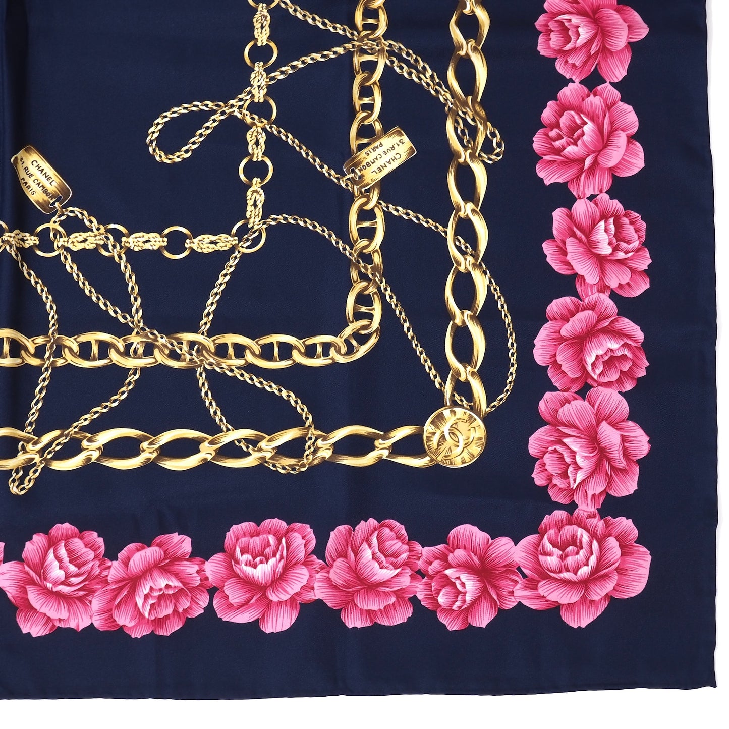 シャネル CHANEL シルク チェーン 花柄 大判 スカーフ ネイビー レディース 正規品 5-SI004