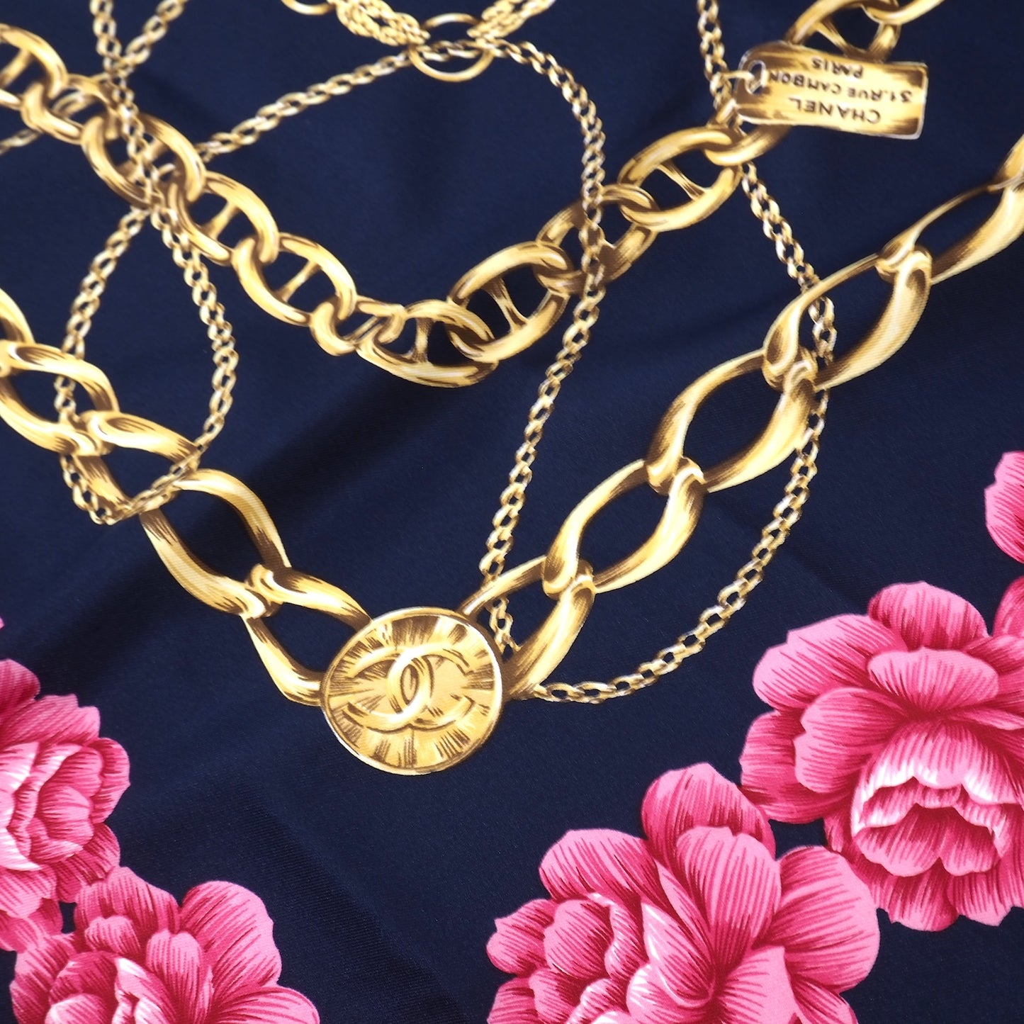 シャネル CHANEL シルク チェーン 花柄 大判 スカーフ ネイビー レディース 正規品 5-SI004