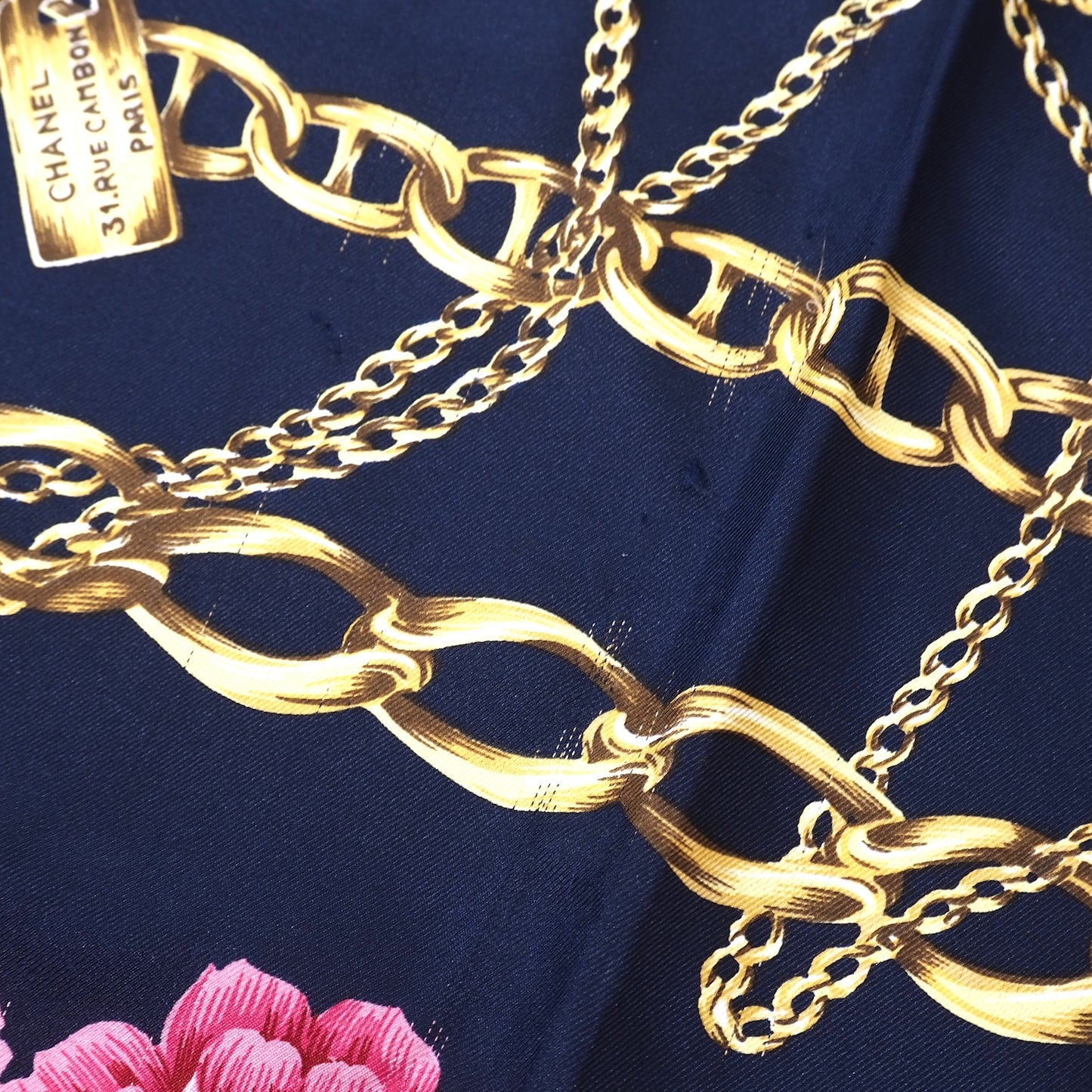 シャネル CHANEL シルク チェーン 花柄 大判 スカーフ ネイビー レディース 正規品 5-SI004