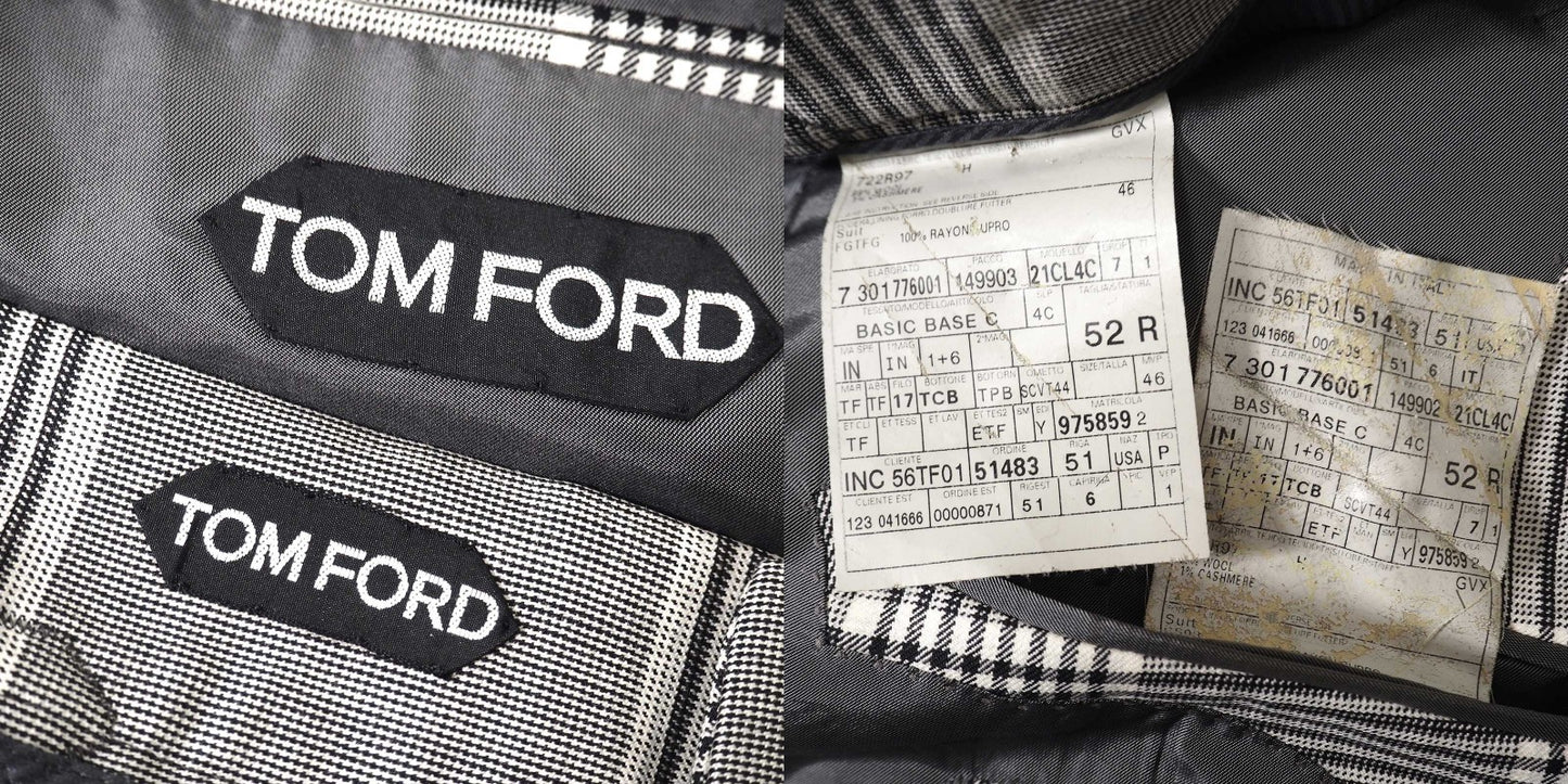 良品 トムフォード TOM FORD ウール カシミヤ ピークド チェック セットアップ スーツ ジャケット パンツ 52 グレー メンズ 正規品 5-SI007