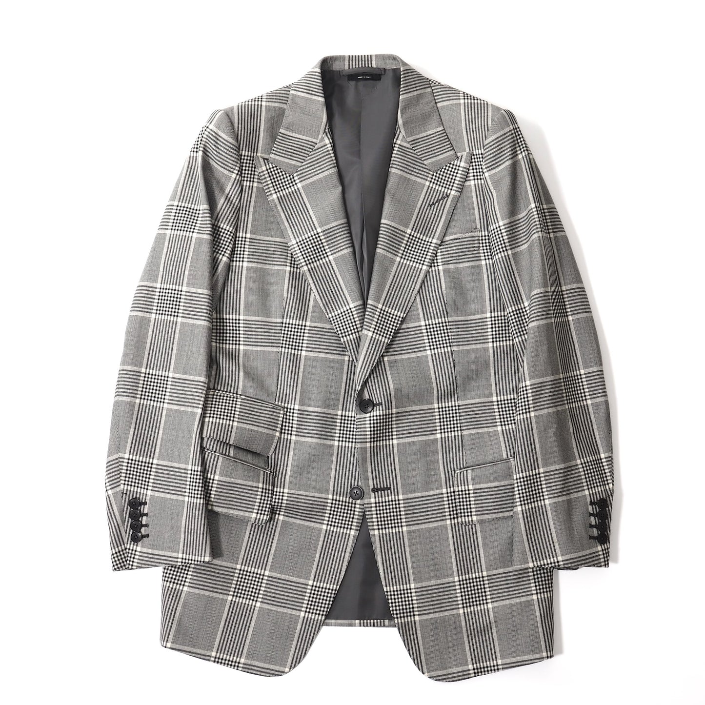 良品 トムフォード TOM FORD ウール カシミヤ ピークド チェック セットアップ スーツ ジャケット パンツ 52 グレー メンズ 正規品 5-SI007