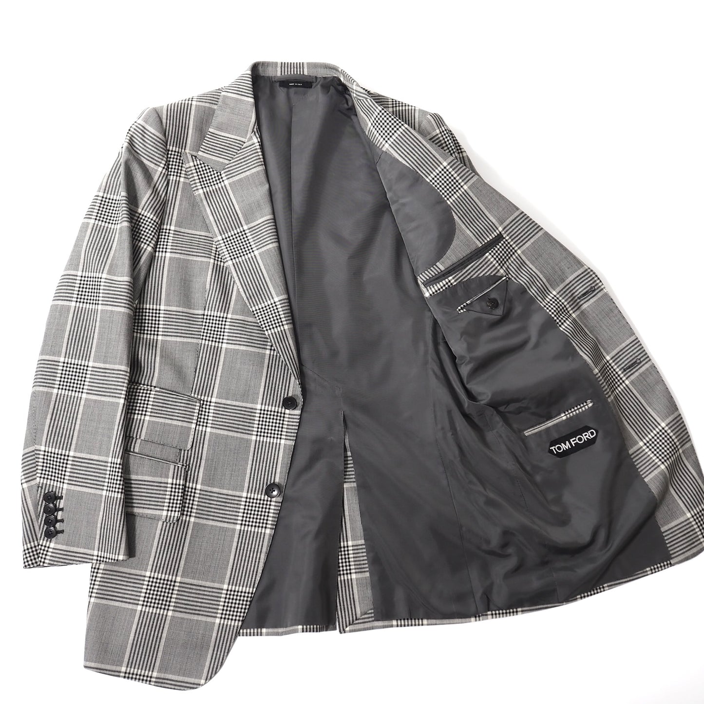 良品 トムフォード TOM FORD ウール カシミヤ ピークド チェック セットアップ スーツ ジャケット パンツ 52 グレー メンズ 正規品 5-SI007