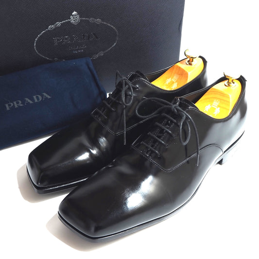 美品 プラダ PRADA ニュアンスブラッシュドレザー レーズアップ シューズ 7.5 25.5㎝相当 ブラック メンズ 正規品 5-YD016