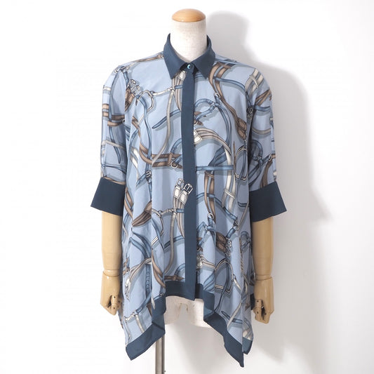 グッチ GUCCI ピュアシルク ドルマンスリーブ シャツ ブラウス 36 スカーフ柄 ブルー系 レディース 正規品 5-YG001